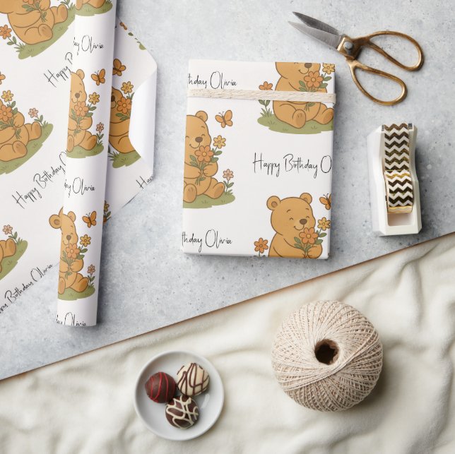 Teddy Bear with Flowers Personalised - Birthday  Wrapping Paper (Crafts)