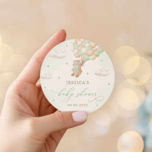 Teddy Bear with Green Balloons Baby Shower Classic Round Sticker
