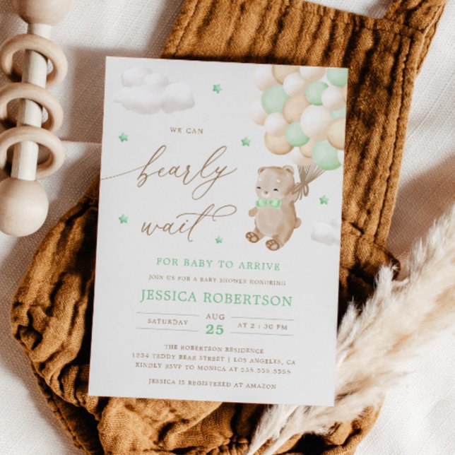 Teddy Bear with Green Balloons Baby Shower Invitation (Creator Uploaded)