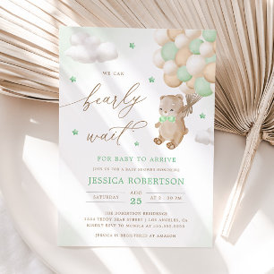 Teddy Bear with Green Balloons Baby Shower Invitation