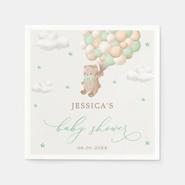 Teddy Bear with Green Balloons Baby Shower Napkin (Front)