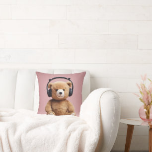 Teddy Bear With Headphones Cushion
