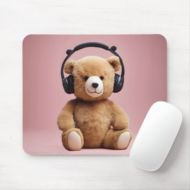 Teddy Bear With Headphones Mouse Pad (With Mouse)