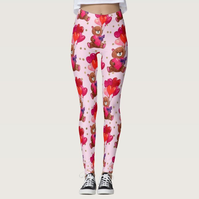 Teddy Bear With Heart Balloons Pattern Leggings (Front)