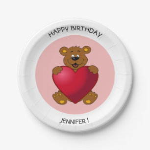 Teddy bear with heart cartoon kids birthday name paper plate