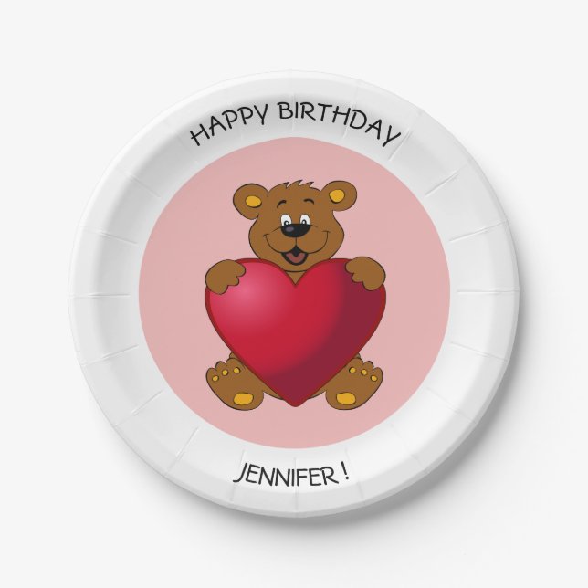 Teddy bear with heart cartoon kids birthday name paper plate (Front)