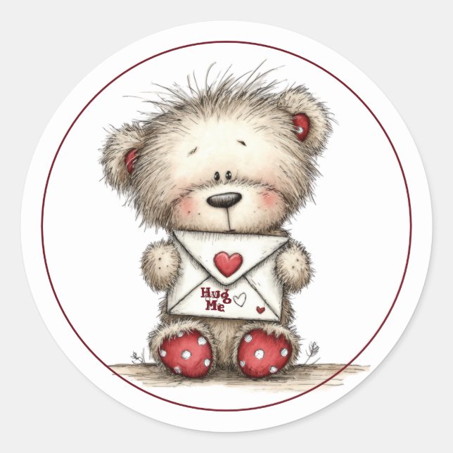 Teddy Bear with Heart-Sealed Envelope Classic Round Sticker (Front)