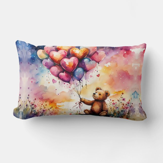 Teddy bear with Heart shaped balloons Lumbar Cushion (Front)