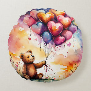 Teddy bear with Heart shaped balloons Round Cushion