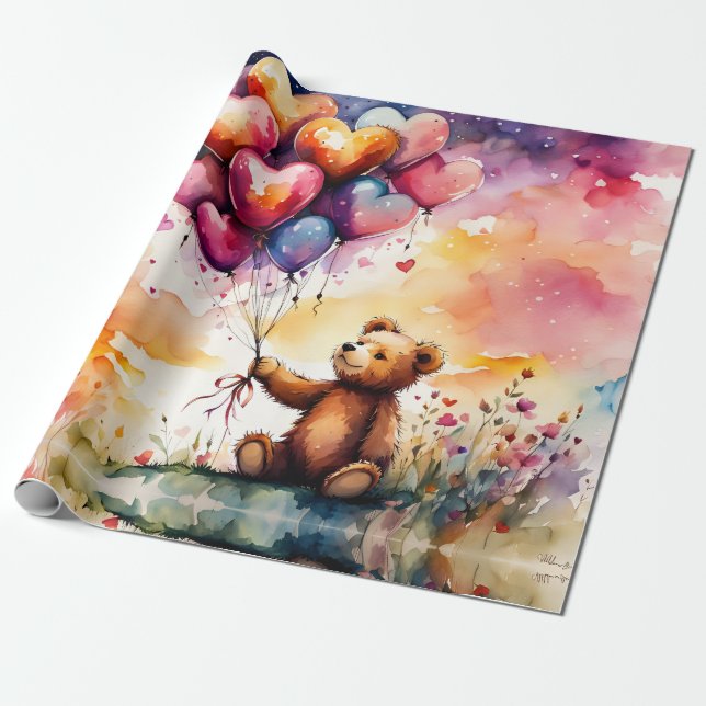 Teddy bear with Heart shaped balloons Wrapping Paper (Unrolled)