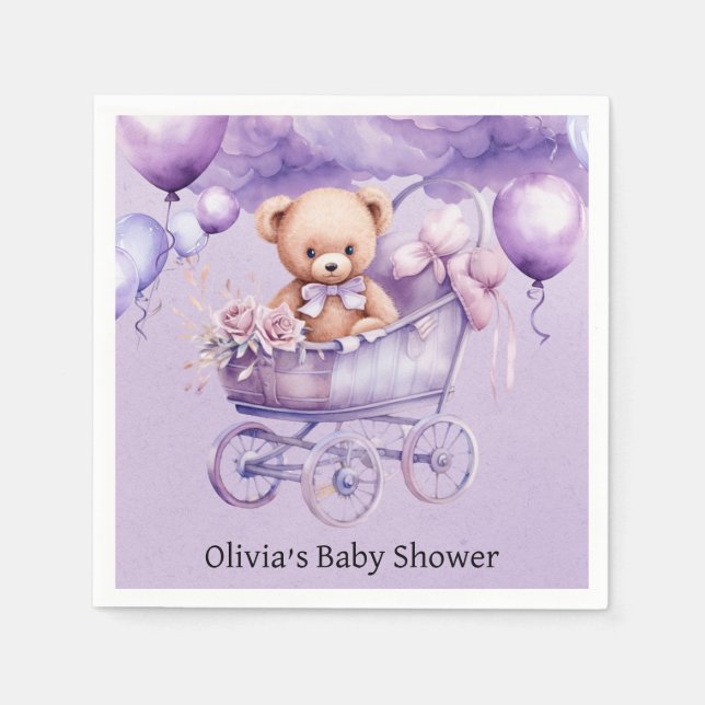 Teddy Bear With Lavender Carriage Girl Baby Shower Napkin (Front)