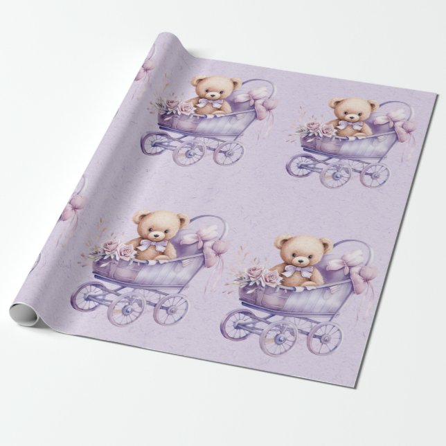 Teddy Bear With Lavender Carriage Girl Baby Shower Wrapping Paper (Unrolled)