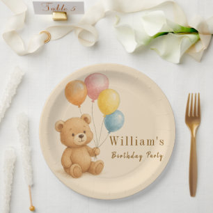 Teddy Bear with Pastel Balloons Paper Plate