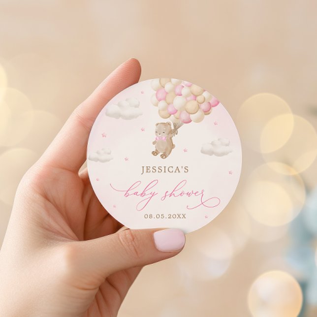Teddy Bear with Pink Balloons Baby Shower Classic Round Sticker (Creator Uploaded)