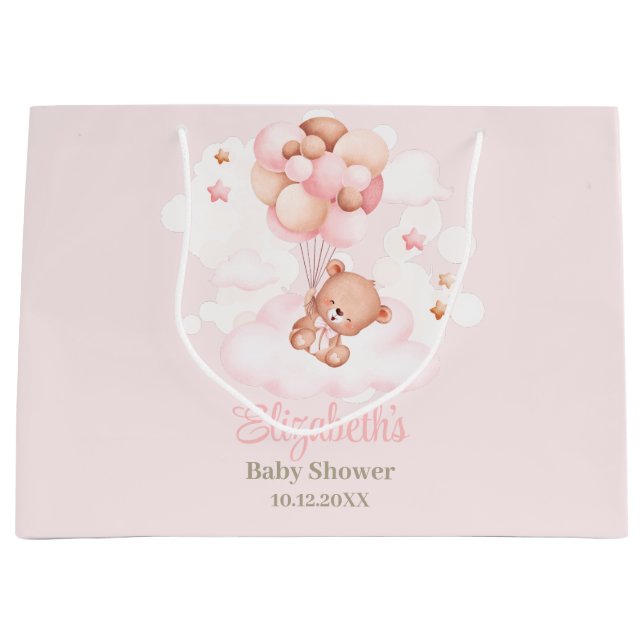 Teddy Bear with Pink Balloons Baby Shower  Large Gift Bag (Front)