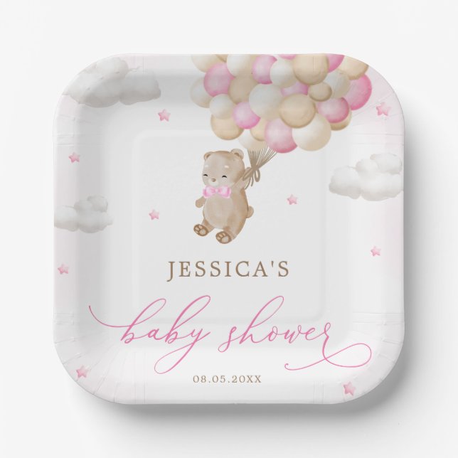 Teddy Bear with Pink Balloons Baby Shower Paper Plate (Front)