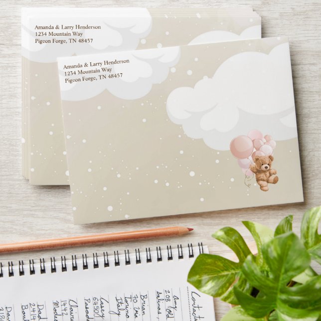 Teddy Bear with Pink Balloons Bearly Wait Envelope (Stacked)