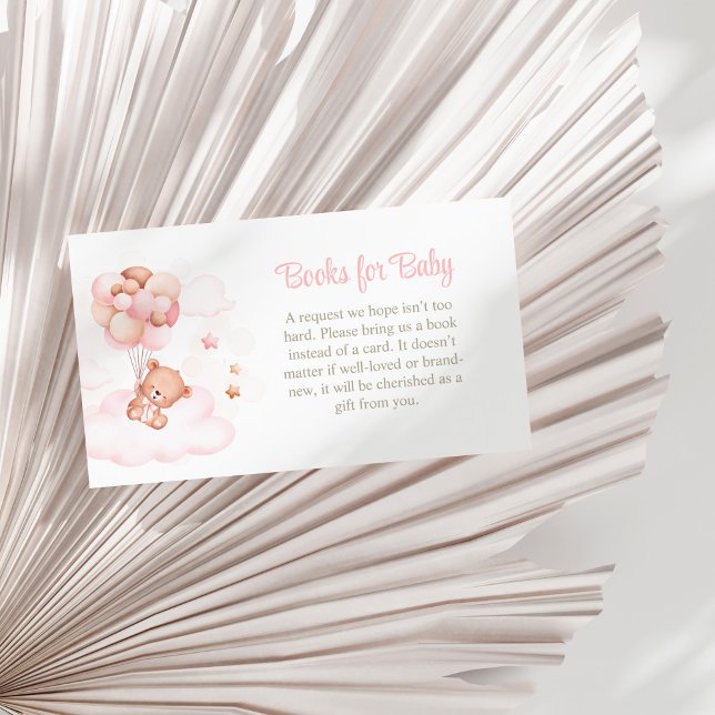 Teddy Bear with Pink Balloons Books for Baby Enclosure Card (Teddy Bear with Pink Balloons Books for Baby Enclosure Card on a white palm leaf.)