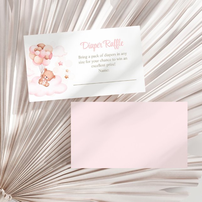 Teddy Bear with Pink Balloons Diaper Raffle Enclosure Card (Teddy Bear with Pink Balloons Diaper Raffle Enclosure Card on a white dry palm leaf.)