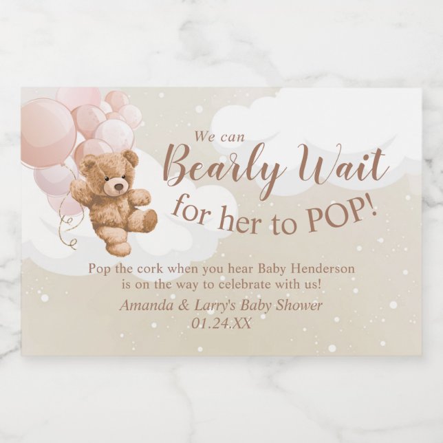 Teddy Bear with Pink Balloons Mini Sparkling Wine  Label (Single Label)