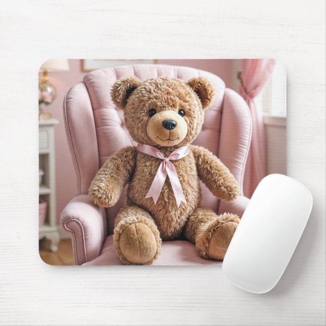 Teddy Bear With Pink Bow Mouse Pad (With Mouse)