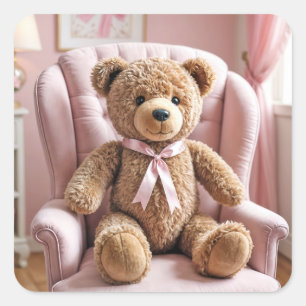 Teddy Bear With Pink Bow Square Sticker