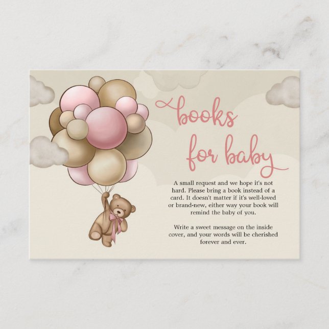 Teddy bear with pink brown balloons book request enclosure card (Front)