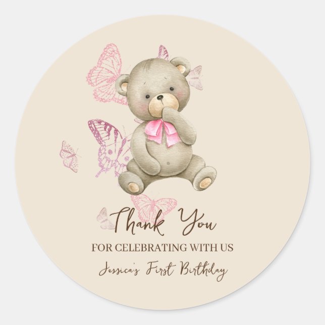 Teddy Bear With Pink Butterflies Sticker  (Front)