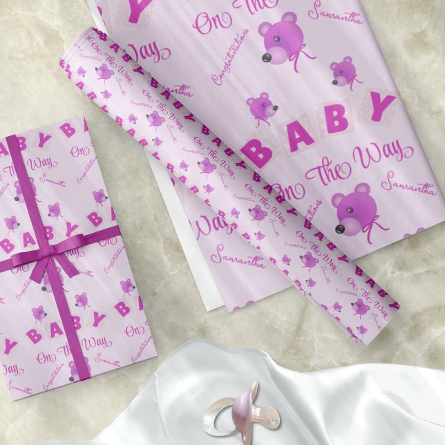 Teddy Bear With Pink Purple Text Baby Shower Wrapping Paper (Customizable pink baby bear wrapping paper for that baby shower. It's cute and its different.)