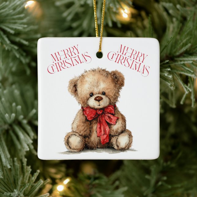 Teddy Bear with Red Bow | Merry Christmas Ornament (Tree)