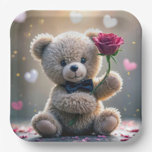 Teddy Bear With Red Rose Paper Plate