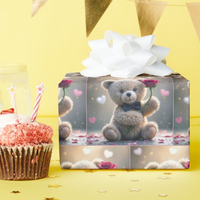 Teddy Bear With Red Rose Wrapping Paper (Birthday Party)