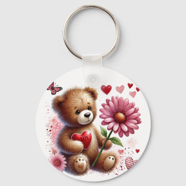 Teddy Bear With Red Valentine Heart  Key Ring (Front)