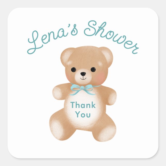 Teddy Bear with Ribbon Baby Shower Thank you Square Sticker (Front)