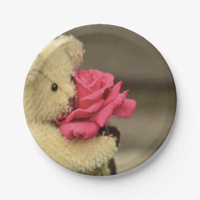 Teddy Bear With Rose Baby Shower Paper Plate (Front)