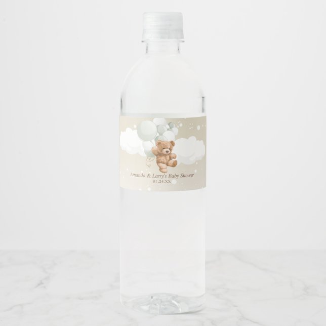 Teddy Bear with Sage and White Balloons Water Bottle Label (Front)