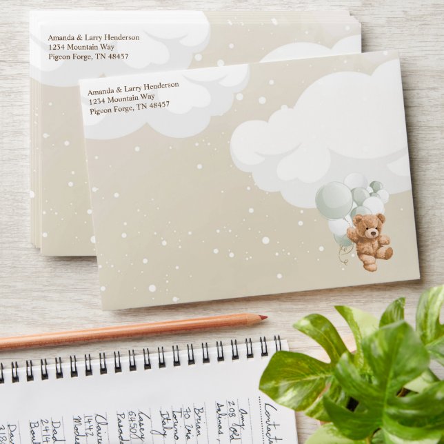Teddy Bear with Sage Balloons Bearly Wait Envelope (Stacked)