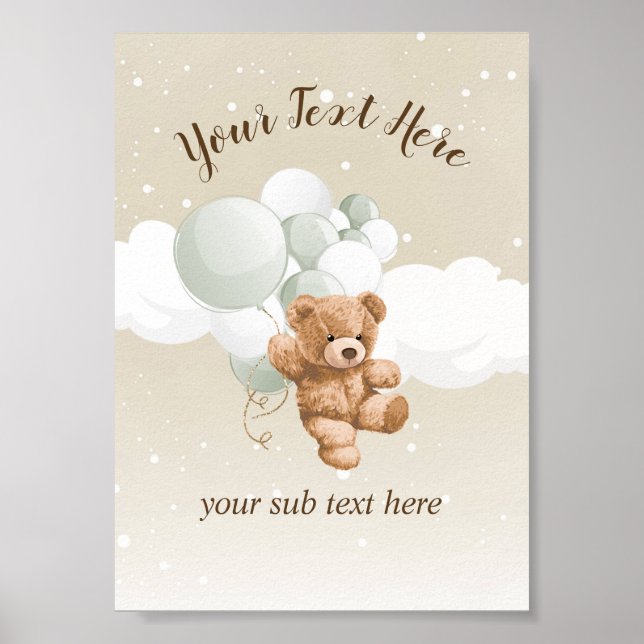 Teddy Bear with Sage Balloons Table Sign (Front)