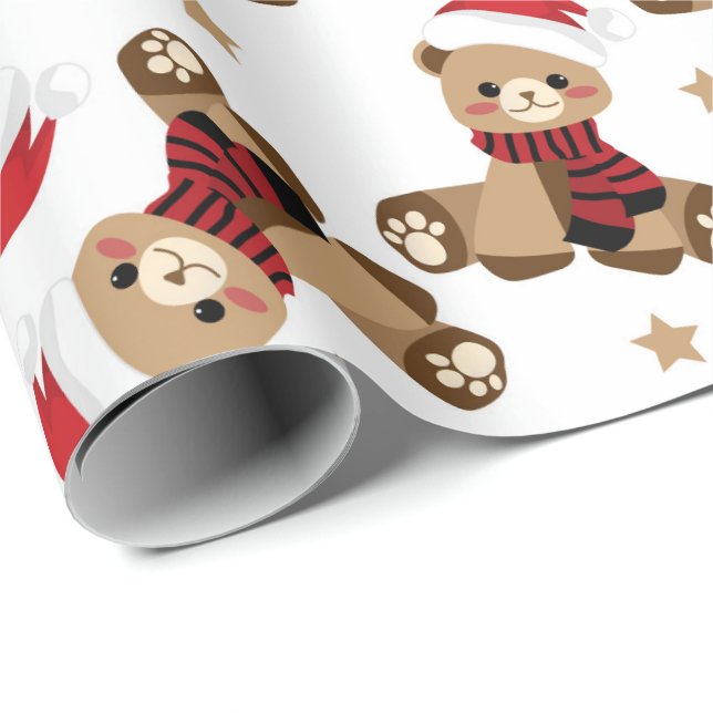 Teddy Bear with Santa Claus Hat Pattern Holiday Wrapping Paper (Roll Corner)