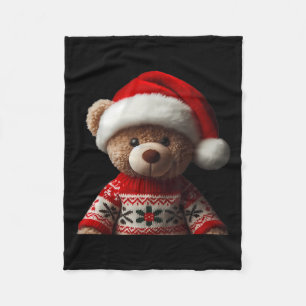 Teddy Bear With Santa Hat Christmas Xmas Lover Kid Fleece Blanket