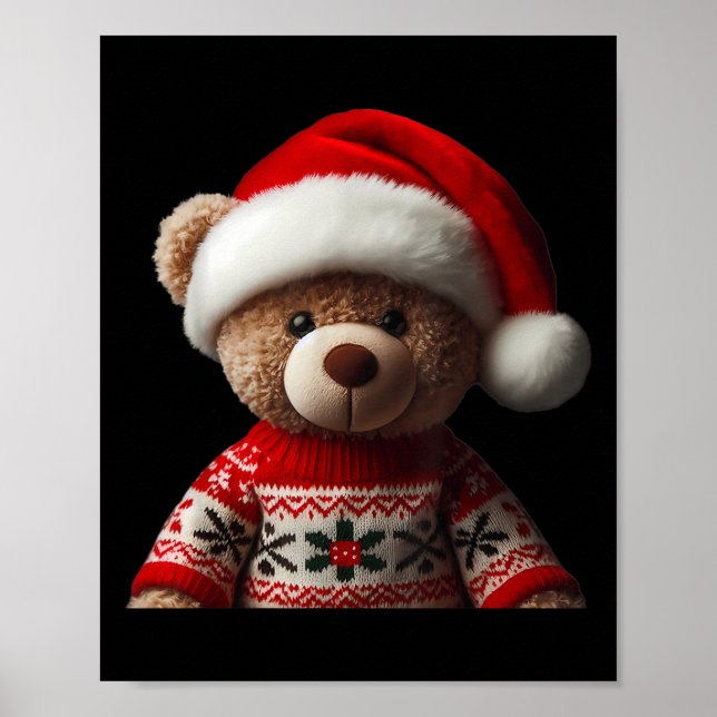 Teddy Bear With Santa Hat Christmas Xmas Lover Kid Poster (Front)