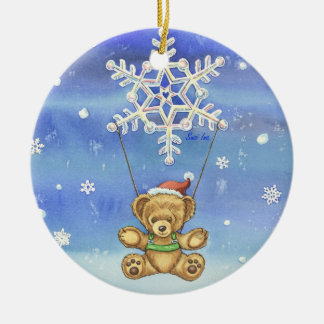 Teddy Bear with Snowflake Parachute Ceramic Ornament