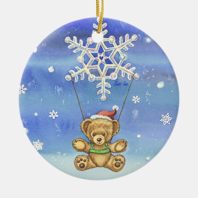 Teddy Bear with Snowflake Parachute Ceramic Ornament (Front)