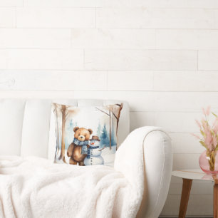Teddy Bear With Snowman Cushion