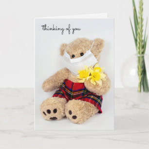 teddy bear with sterile mask and daffodils card