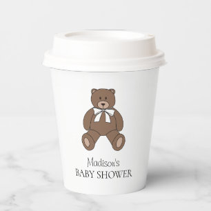 Teddy Bear with White Bow and Name Baby Shower Paper Cups