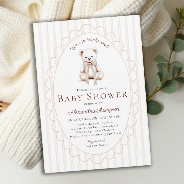 Teddy Bearly Wait Neutral Stripes Bow Baby Shower Invitation (bearly wait baby shower invitation traditional classic nursery decor stripes scallops teddy bear bow)