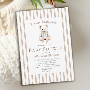 Teddy Bearly Wait Neutral Tan Stripes Baby Shower Invitation