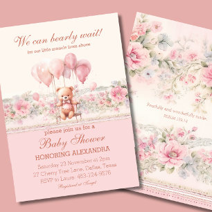 Teddy Bearly Wait Pink Christian Girl Baby Shower Invitation