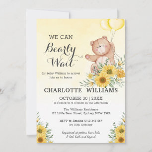 Teddy Bearly Wait Sunflower Greenery Baby Shower Invitation